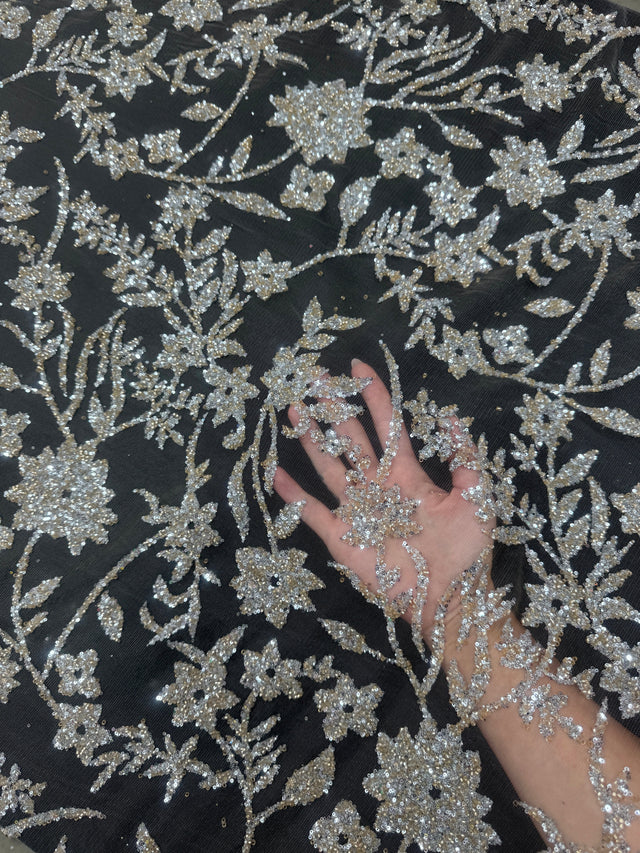 Beaded Floral Lace Silver Champagne