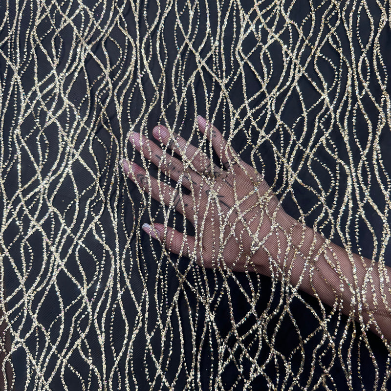 Gold Glitter Lace on Black Mesh