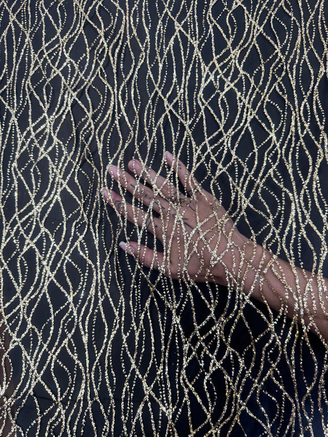 Gold Glitter Lace on Black Mesh
