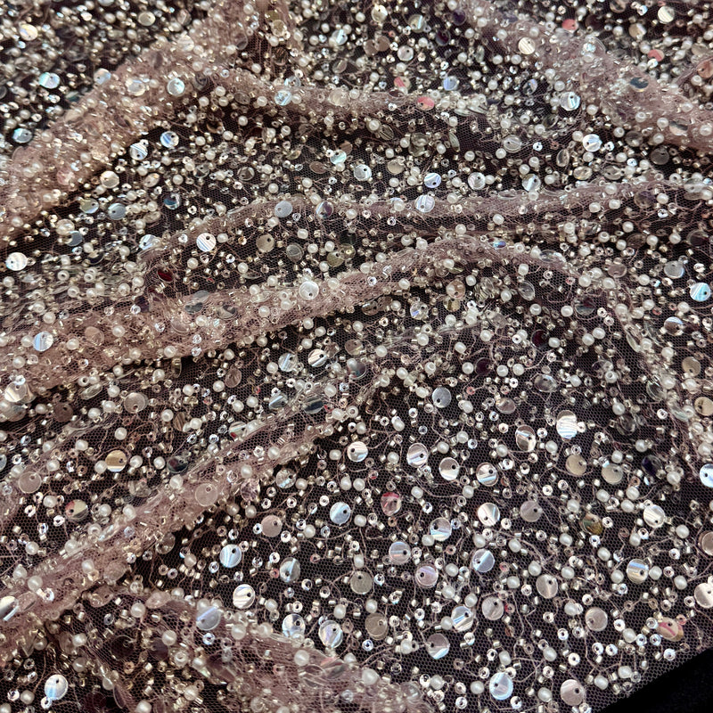 Beaded Sequin Pearl Mesh Lace Powder Pink