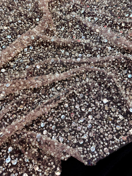 Beaded Sequin Pearl Mesh Lace Powder Pink
