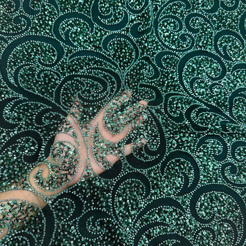 Stretch Sequin Beaded Scroll Lace on Mesh