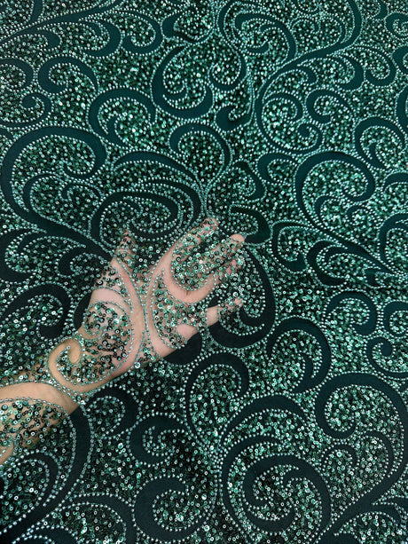 Stretch Sequin Beaded Scroll Lace on Mesh