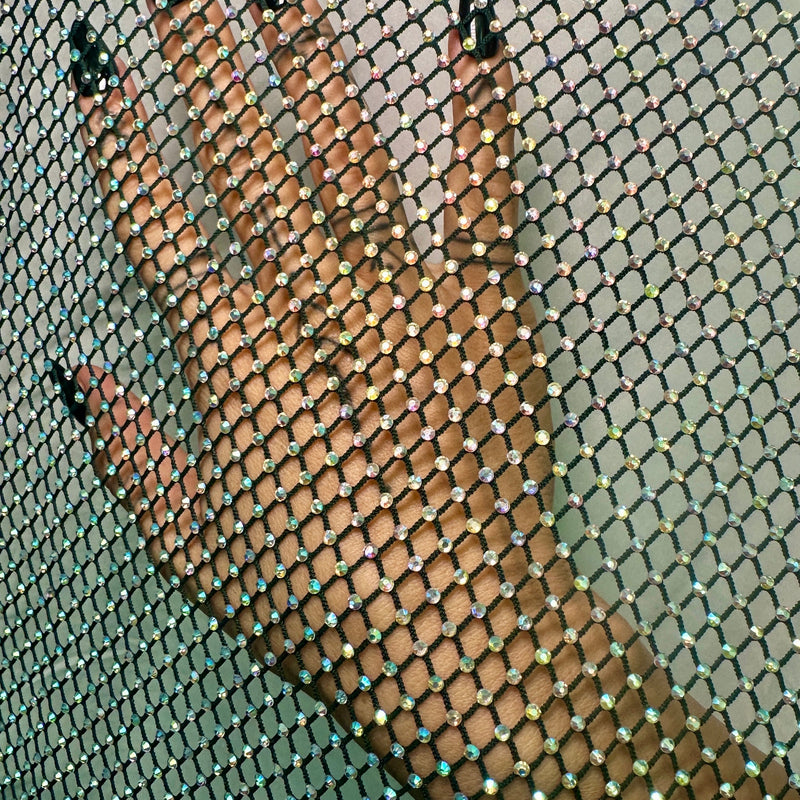 Rhinestone Diamond Fishnet Mesh Hunter Green