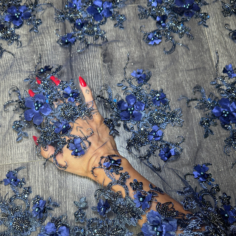 3D Floral Embroidered Beaded Tulle Lace Navy