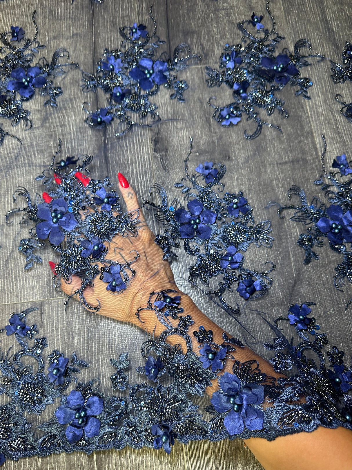 3D Floral Embroidered Beaded Tulle Lace Navy