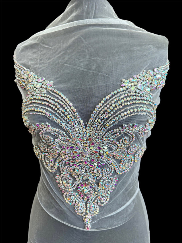 Silver Iridescent Rhinestone Bodice Applique
