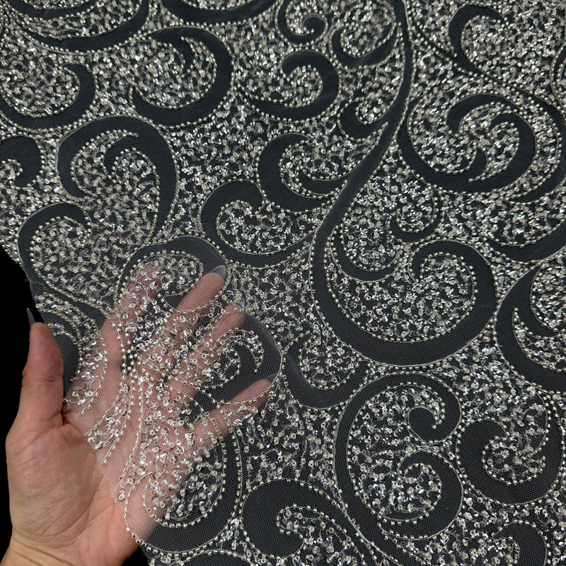 Silver Sequin Beaded Scroll Lace on Mesh