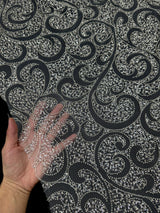 Silver Sequin Beaded Scroll Lace on Mesh