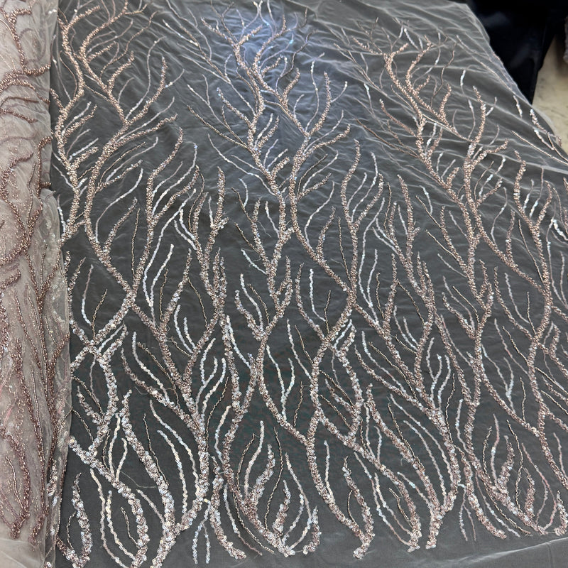 Beaded Sequin Lace on Mesh Dusty Pink
