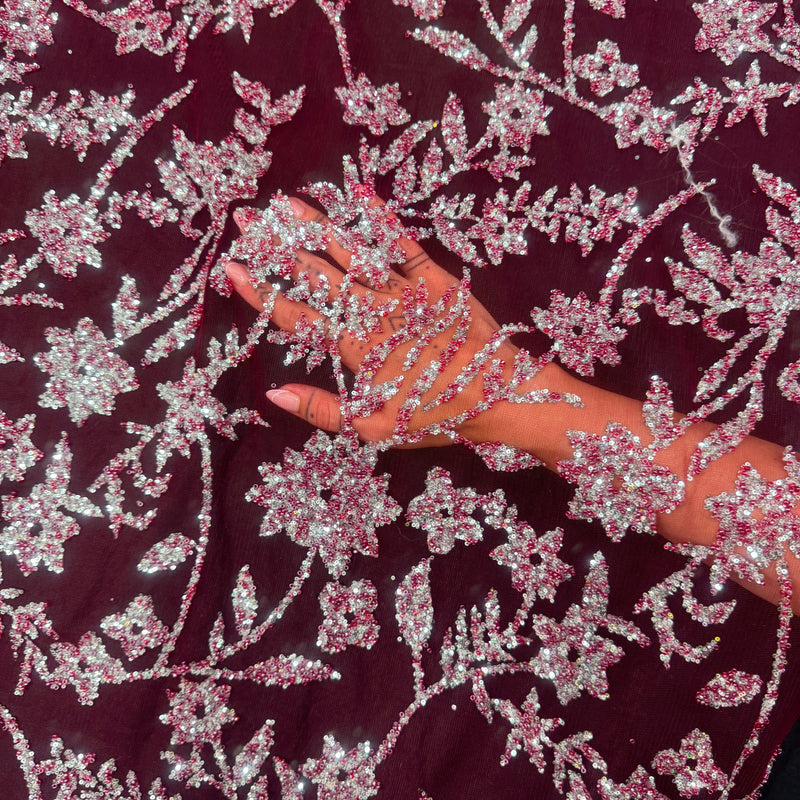Beaded Floral Lace Wine Silver