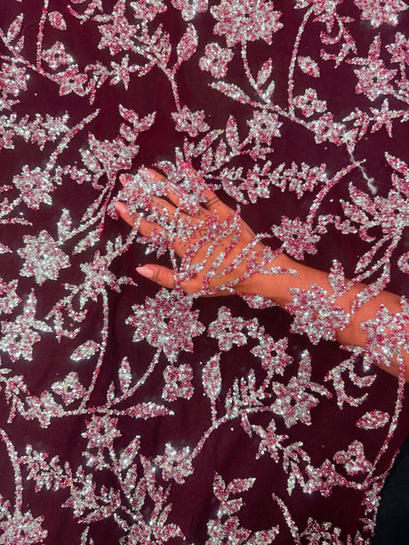 Beaded Floral Lace Wine Silver