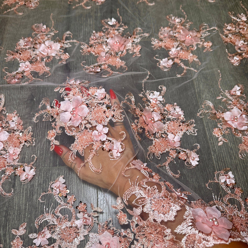 3D Floral Embroidered Beaded Tulle Lace Peach