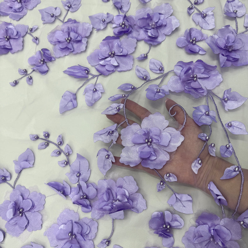 Lavender 3D Flower Beaded Lace Mesh