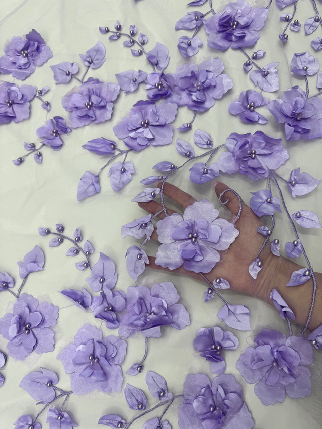 Lavender 3D Flower Beaded Lace Mesh