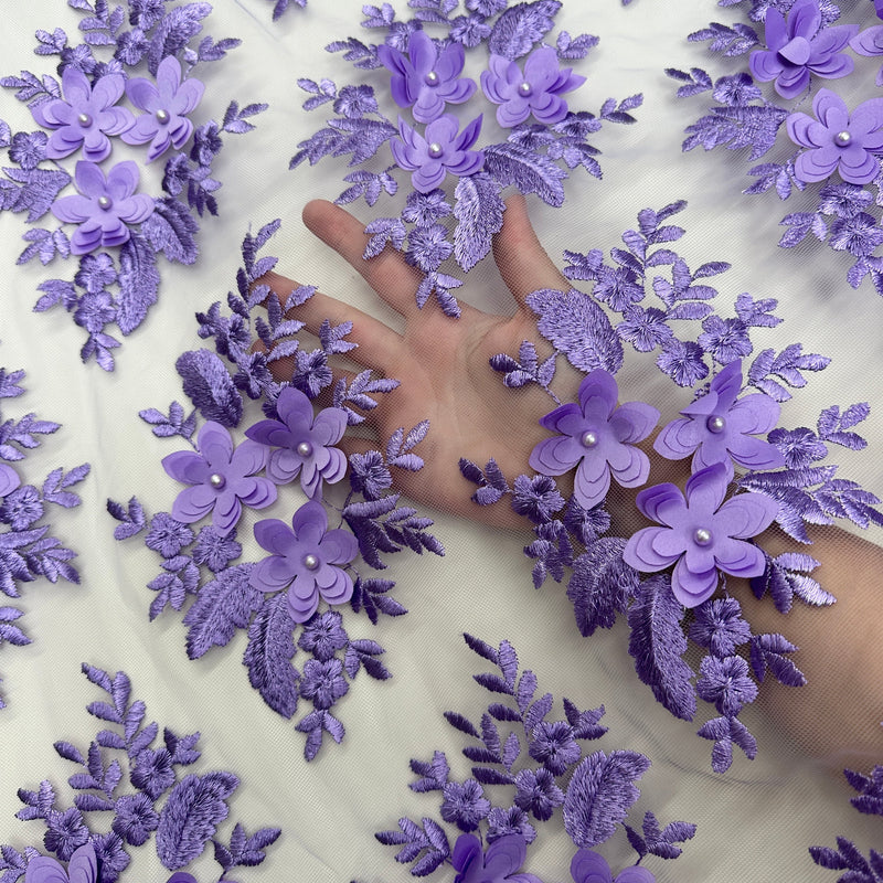 3D Flower Scalloped Mesh Lace Lavender
