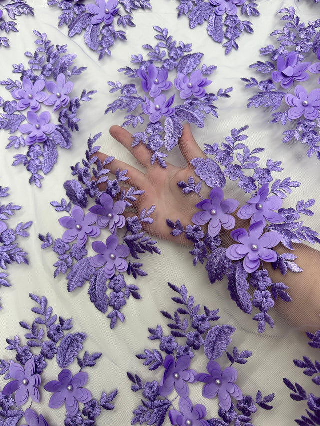 3D Flower Scalloped Mesh Lace Lavender