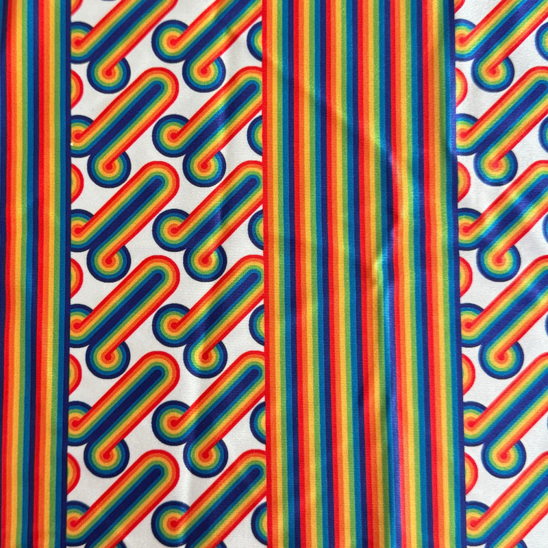 Printed Nylon Spandex White Retro Rainbow Graphic