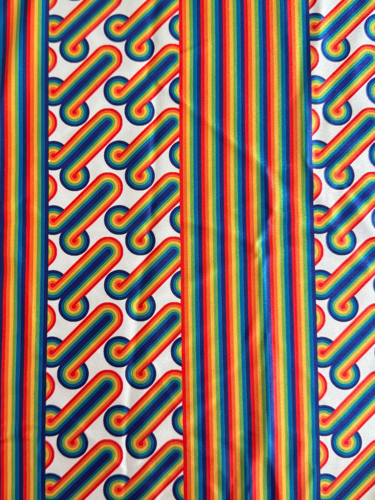 Printed Nylon Spandex White Retro Rainbow Graphic