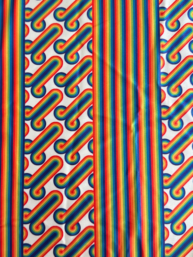 Printed Nylon Spandex White Retro Rainbow Graphic