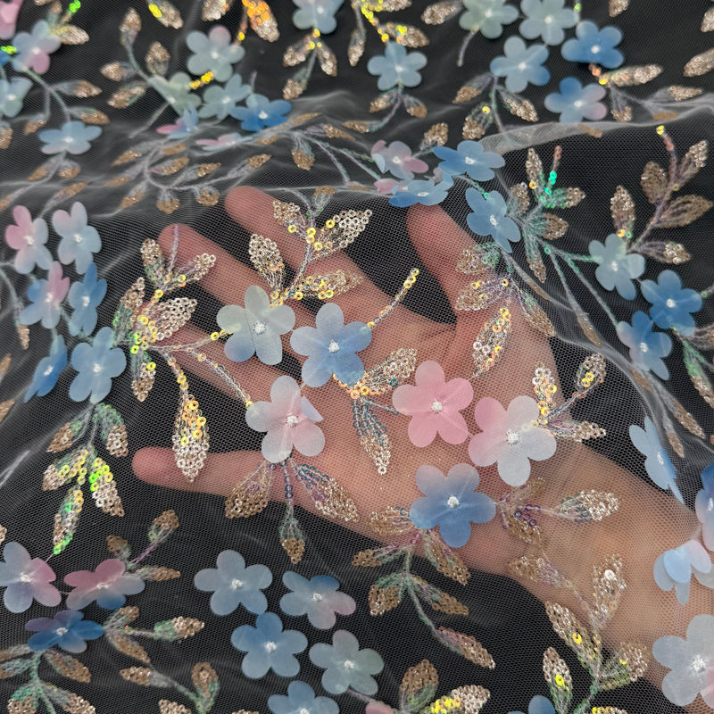 3D Floral Embroidered Tulle Blue Multicolor