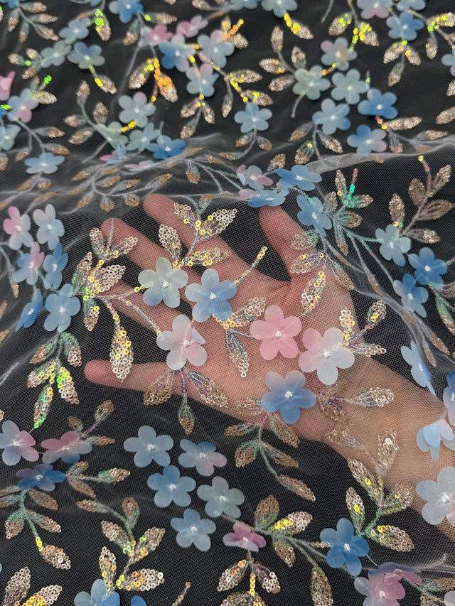 3D Floral Embroidered Tulle Blue Multicolor