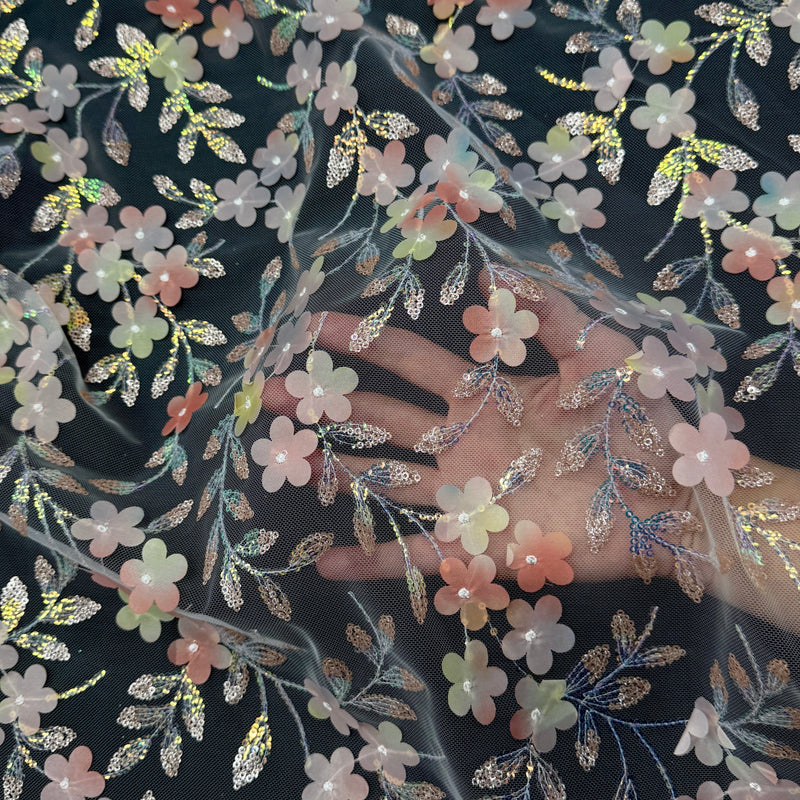 3D Floral Embroidered Tulle Peach Multicolor