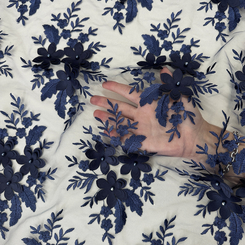3D Flower Scalloped Mesh Lace Navy