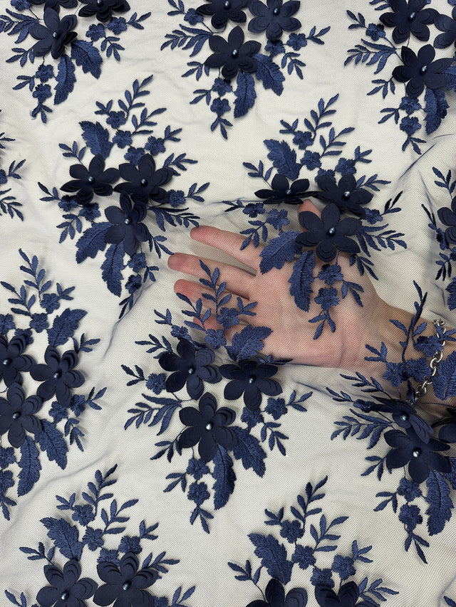 3D Flower Scalloped Mesh Lace Navy