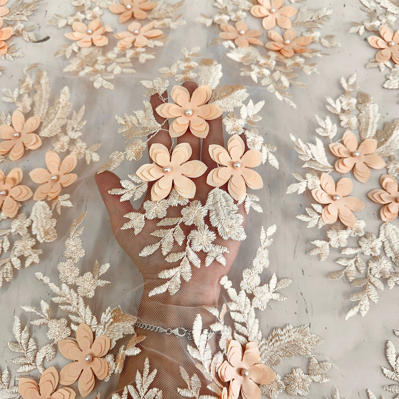 3D Flower Scalloped Mesh Lace Peach
