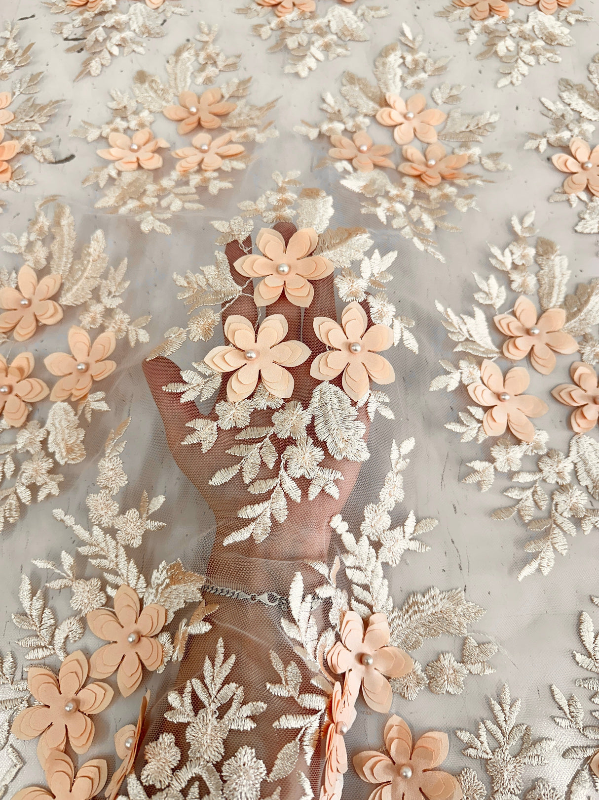 3D Flower Scalloped Mesh Lace Peach