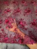 Burgundy 3D Floral Beaded Tulle Lace