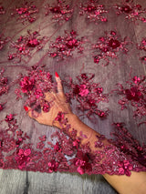 Burgundy 3D Floral Beaded Tulle Lace