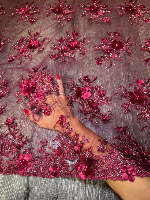 Burgundy 3D Floral Beaded Tulle Lace