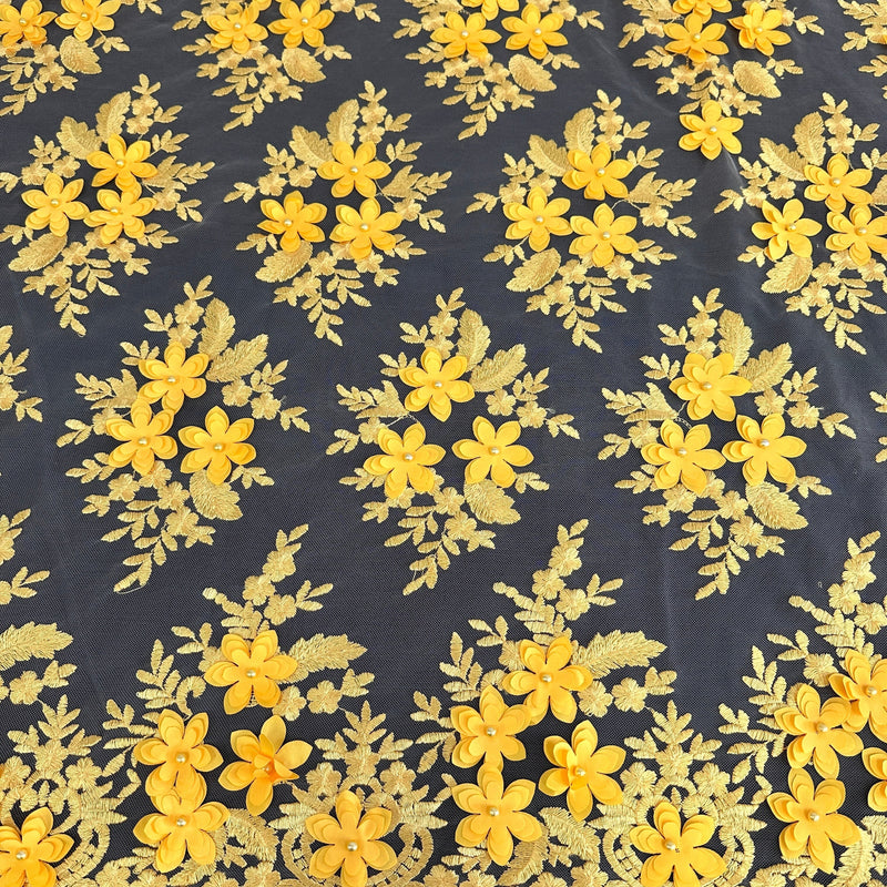 Yellow 3D Floral Scalloped Mesh Lace