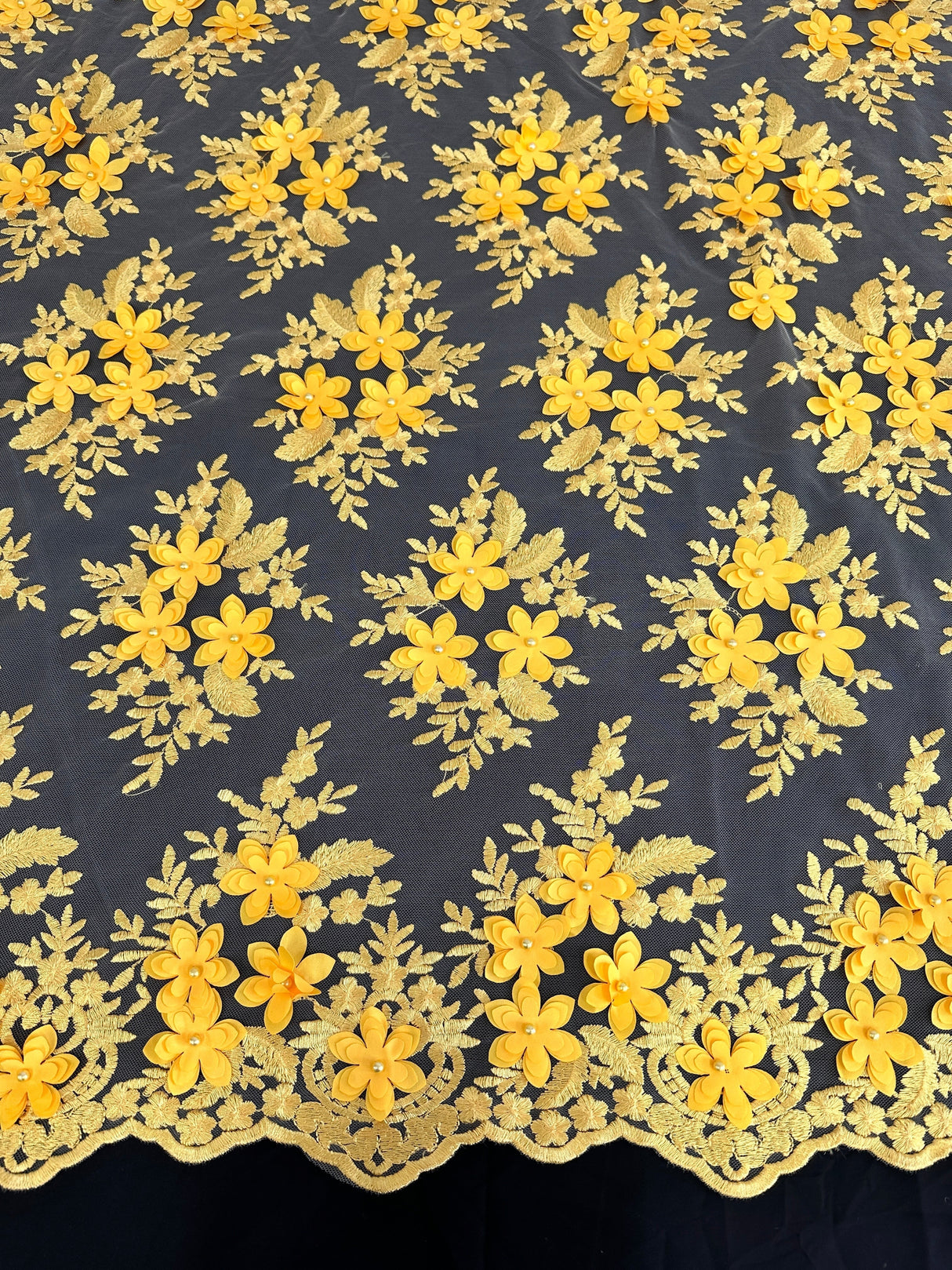 Yellow 3D Floral Scalloped Mesh Lace