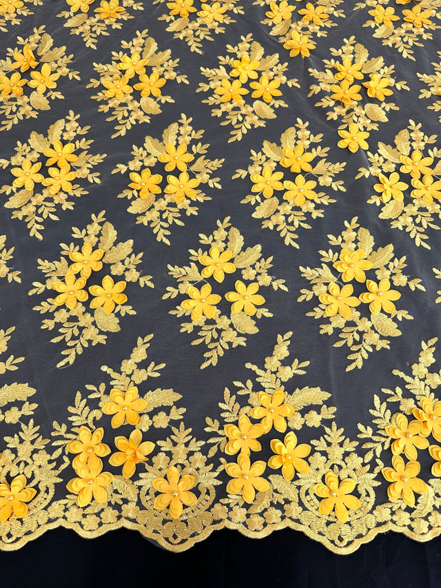Yellow 3D Floral Scalloped Mesh Lace