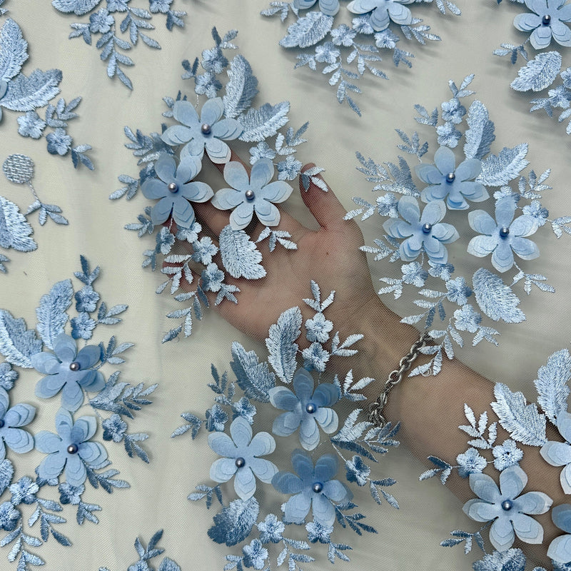 3D Flower Scalloped Mesh Lace Baby Blue