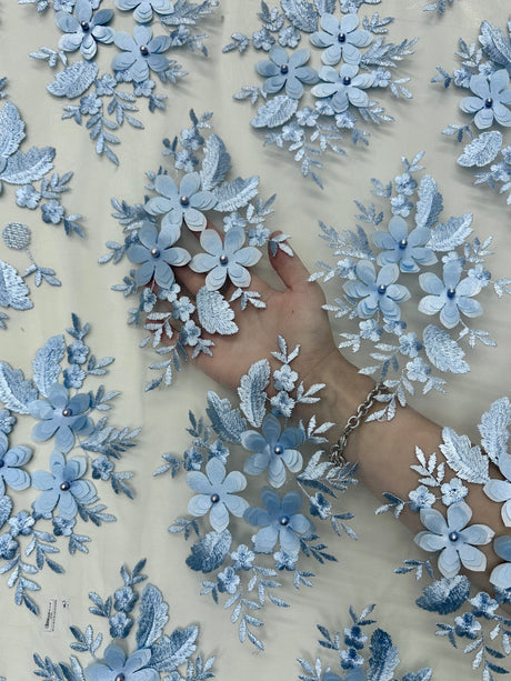 3D Flower Scalloped Mesh Lace Baby Blue