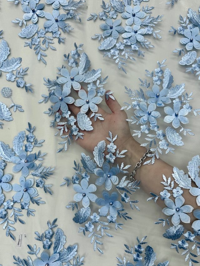 3D Flower Scalloped Mesh Lace Baby Blue