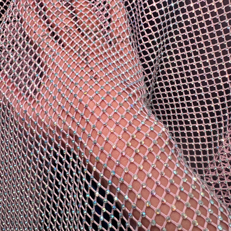 Pink Rhinestone Diamond Fishnet Mesh