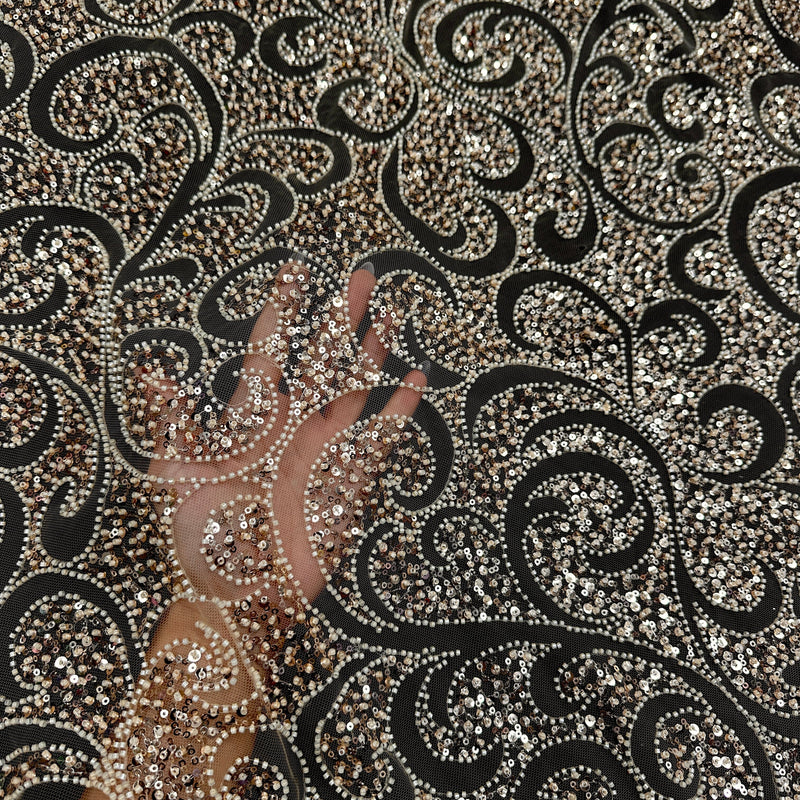 Gold Stretch Sequin Beaded Scroll Lace Mesh