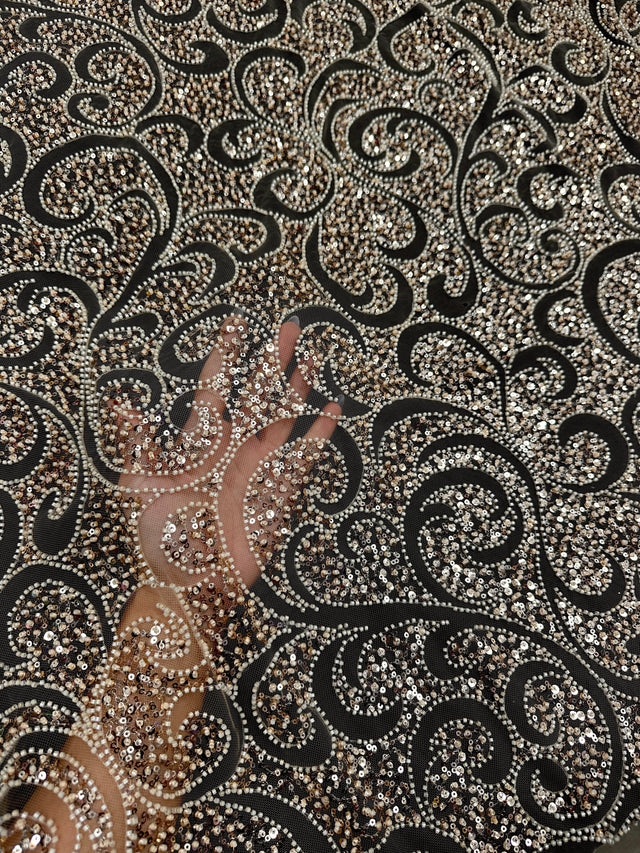 Gold Stretch Sequin Beaded Scroll Lace Mesh