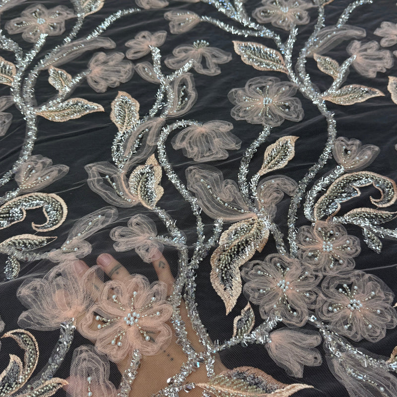 Peach 3D Floral Tulle Beaded Lace Mesh