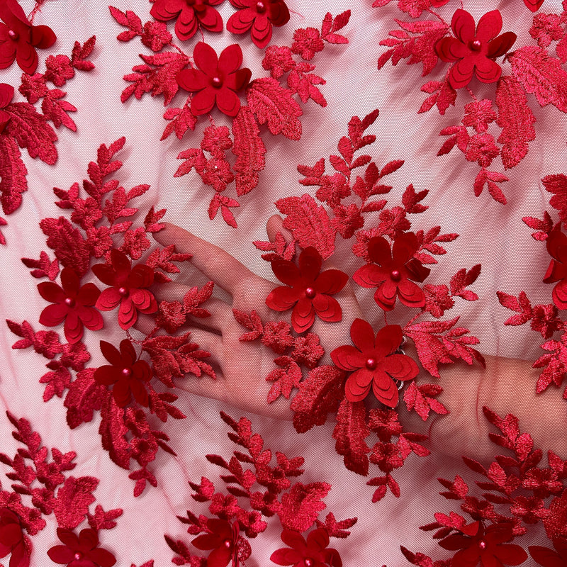 3D Floral Scalloped Mesh Lace Red