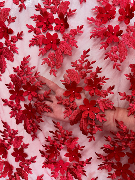 3D Floral Scalloped Mesh Lace Red