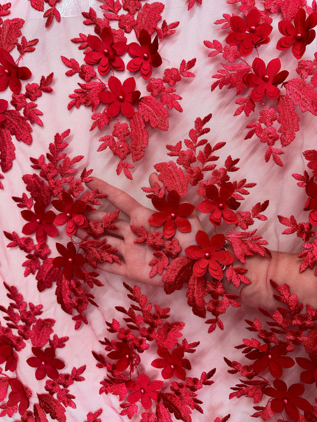 3D Floral Scalloped Mesh Lace Red