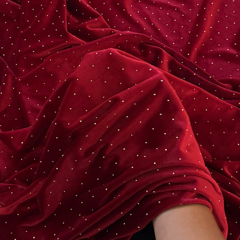 Rhinestone Beaded Stretch Velvet Red