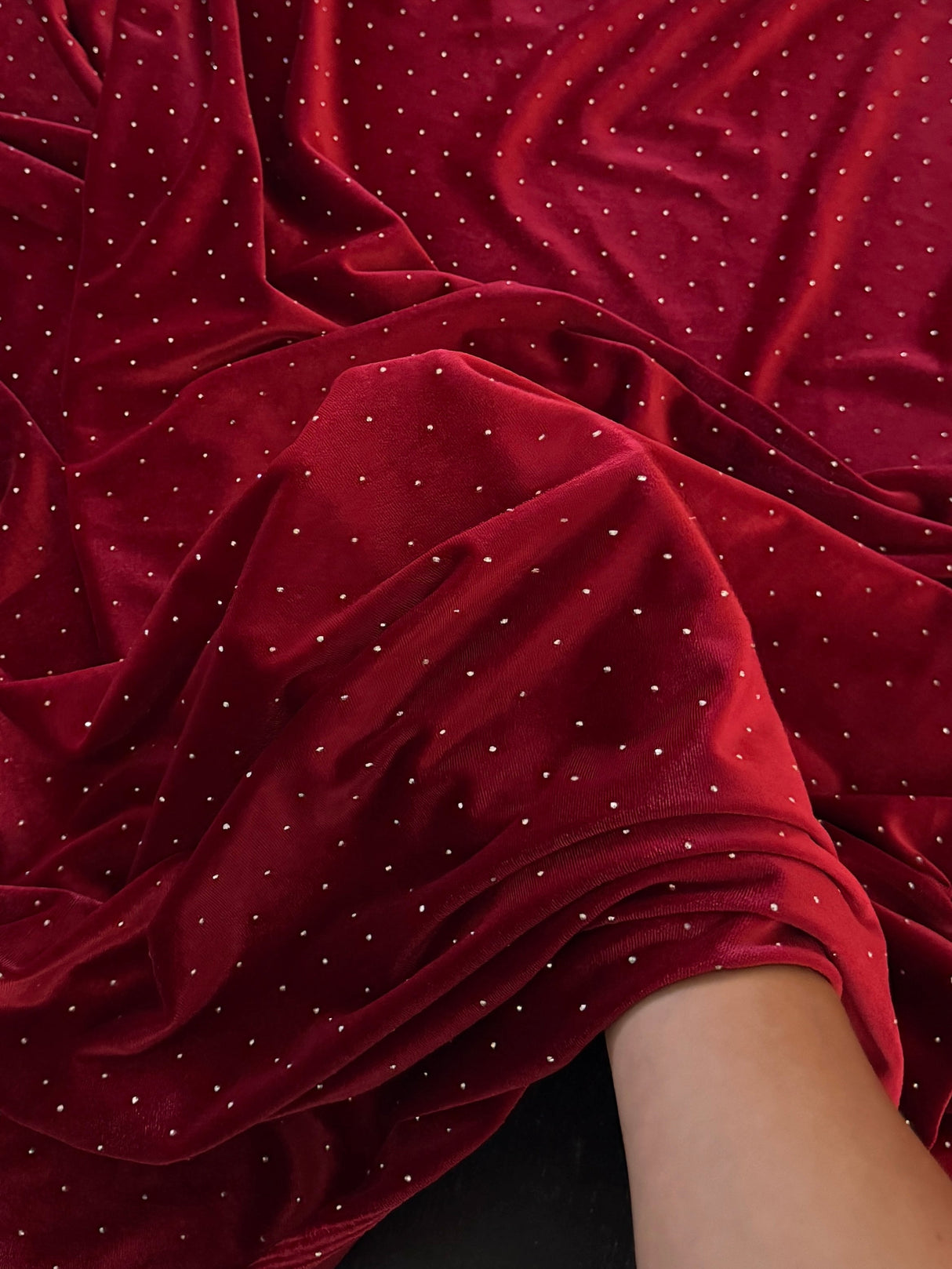 Rhinestone Beaded Stretch Velvet Red