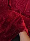 Rhinestone Beaded Stretch Velvet Red